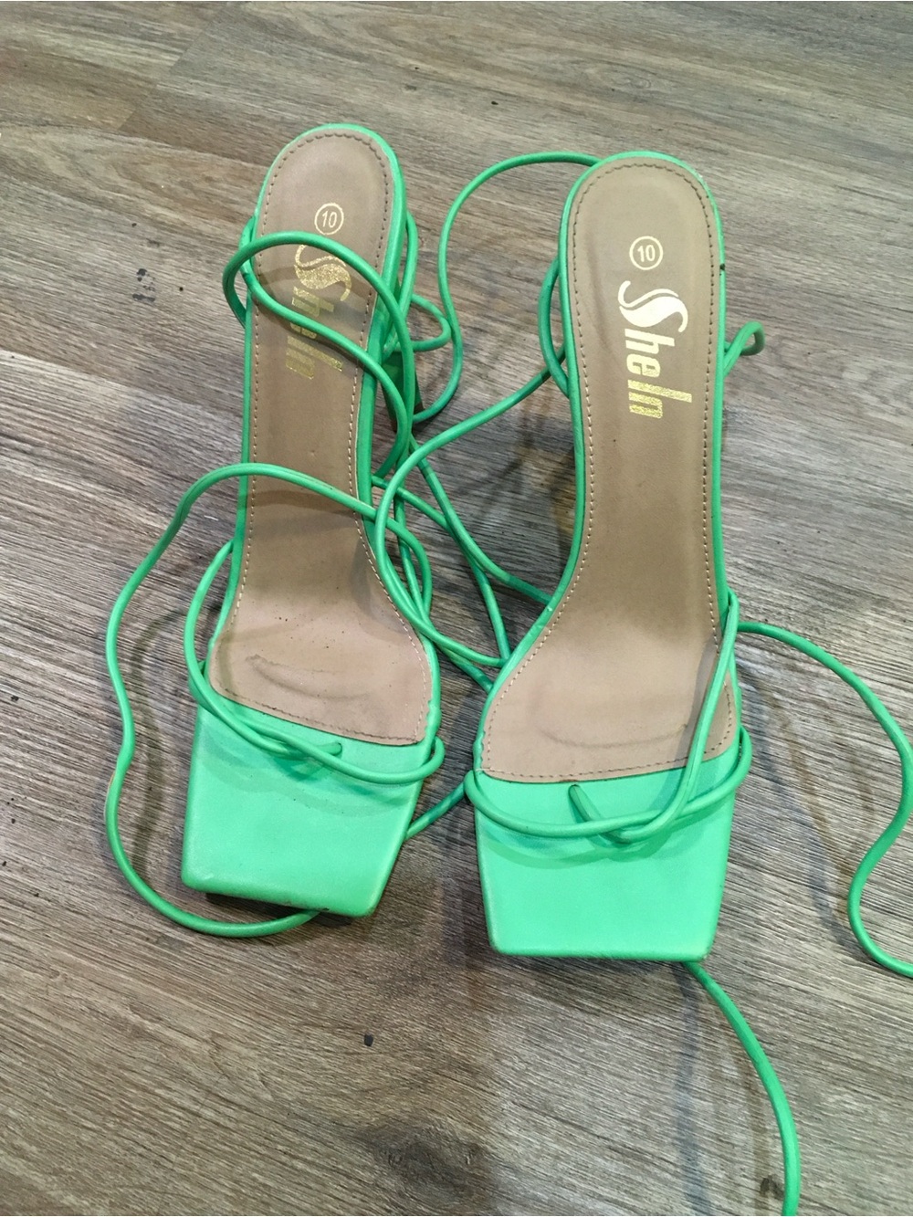 Green Strappy Square-Toe Heels